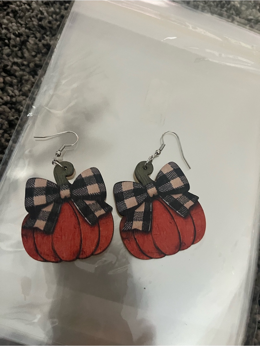 Pumpkin with plaid bow earrings